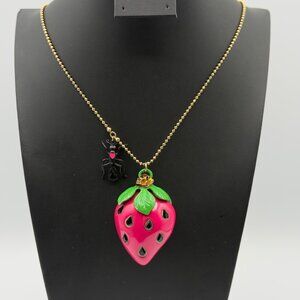 Betsey Johnson Picnic Strawberry Ant Pendant Necklace Pink Crystal Ball Chain